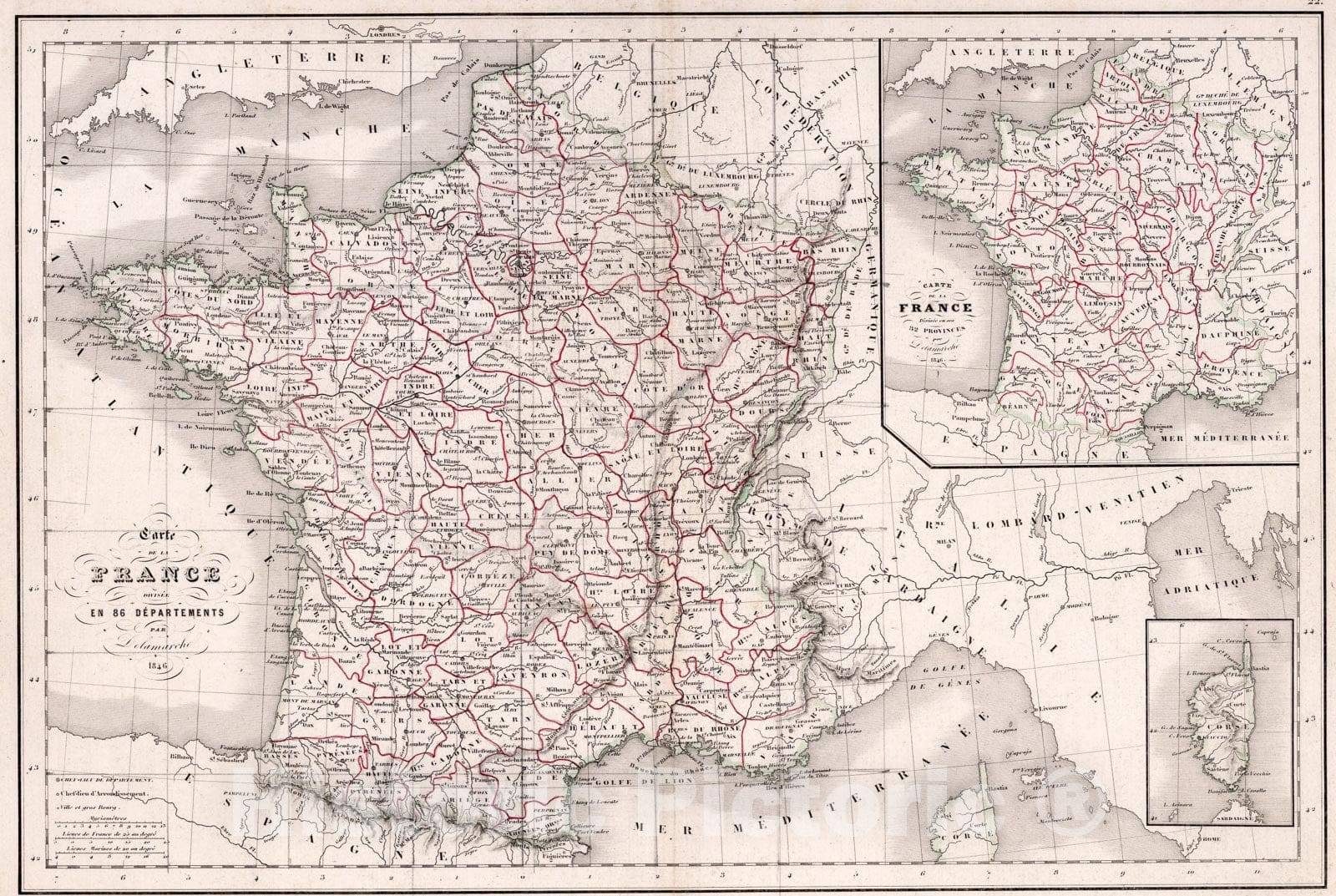 Historic Map : Carte de la France Divisee en eighty-six Departements ... 1846., 1846, Vintage Wall Art
