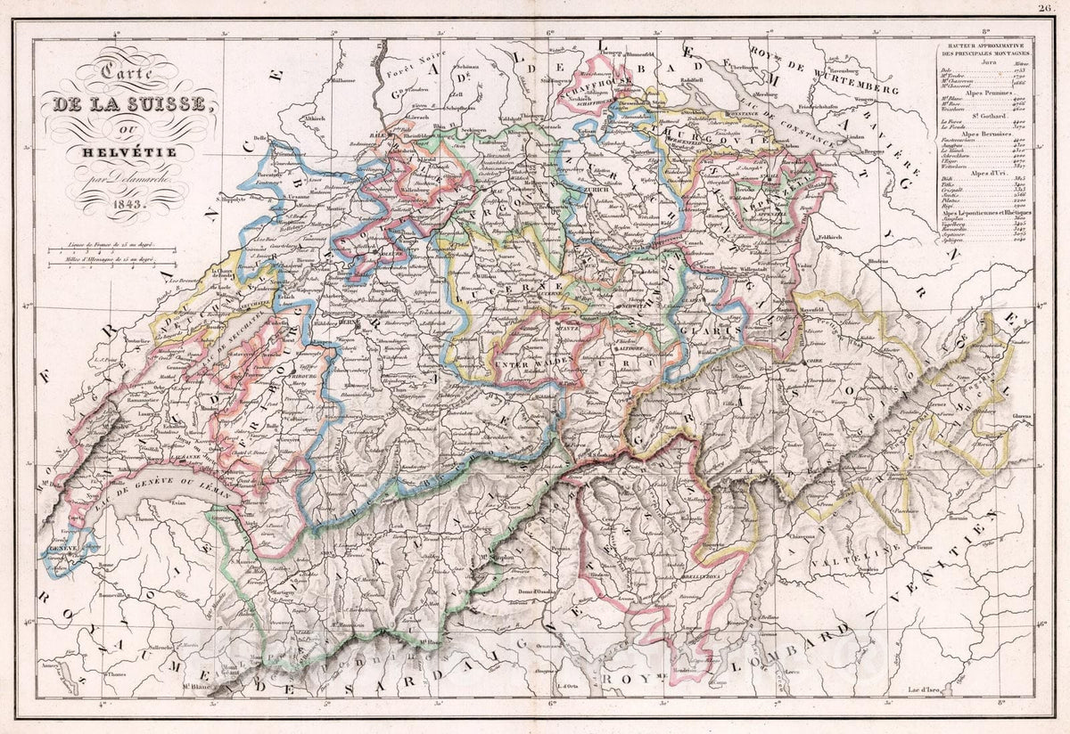 Historic Map : La Suisse ou Helvetie., 1843, Vintage Wall Art