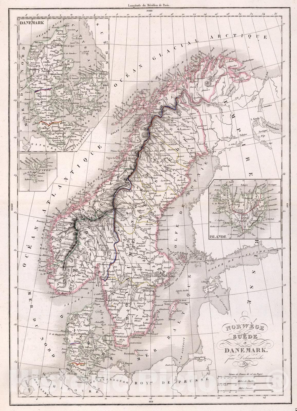 Historic Map : Norwege, Suede et Danemark, 1847, Vintage Wall Art