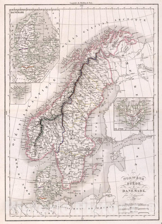 Historic Map : Norwege, Suede et Danemark, 1847, Vintage Wall Art
