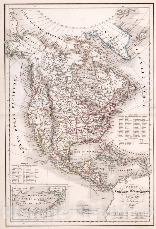 Historic Map : L'Amerique Septentrionale et des Antilles., 1844, Vintage Wall Art