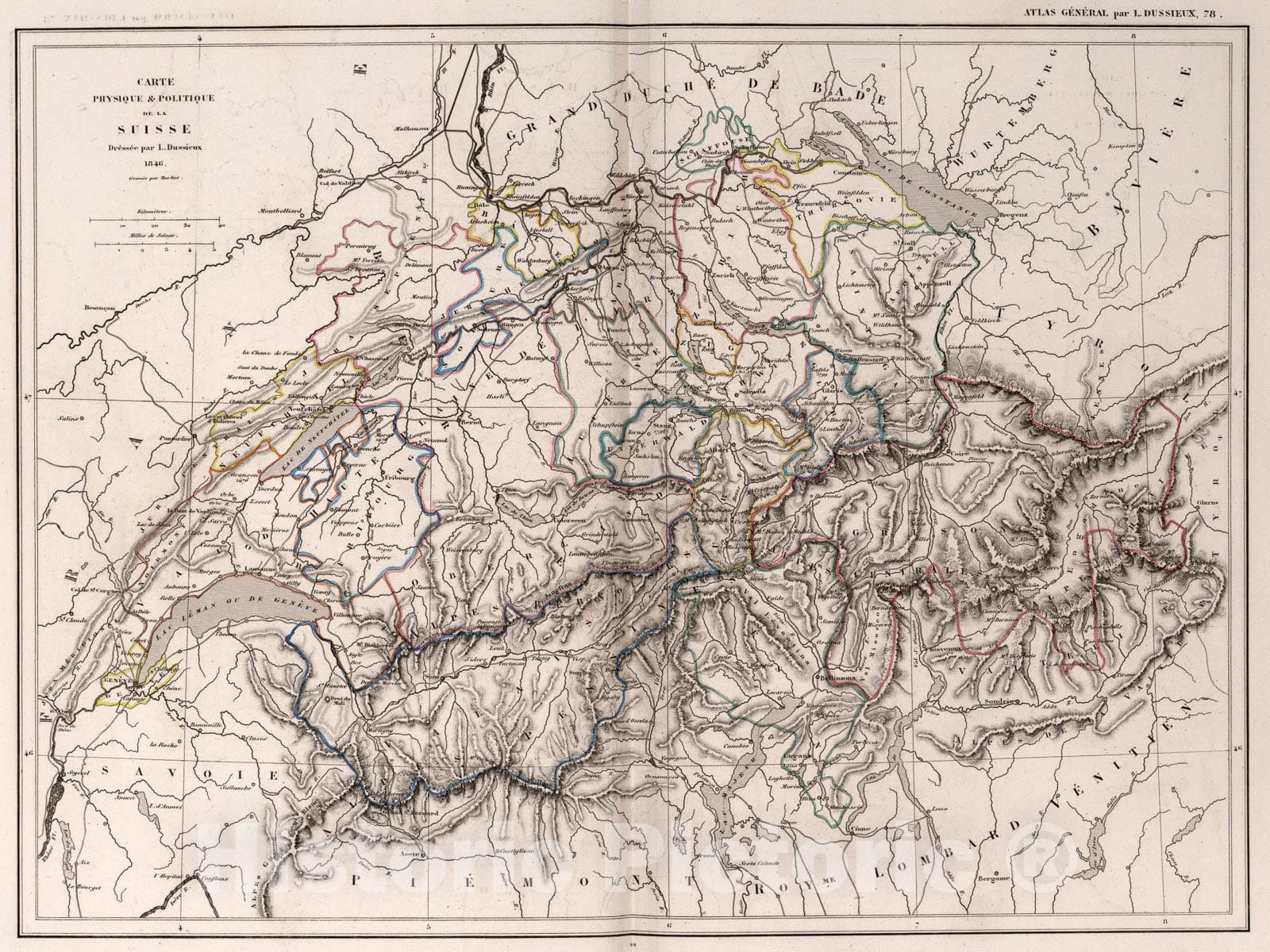 Historic Map : 78. Carte Physique & Politique de la Suisse., 1846, Vintage Wall Art