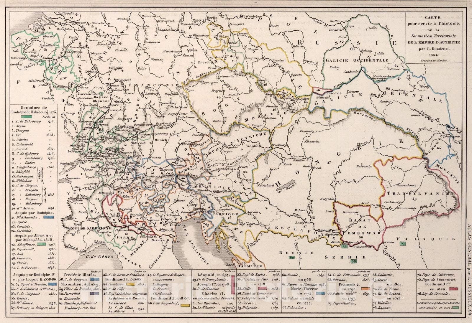 Historic Map : 94. Carte pour servir a l'histoire de la Formation Territoriale de l'Empire d'Autruche., 1854, Vintage Wall Art