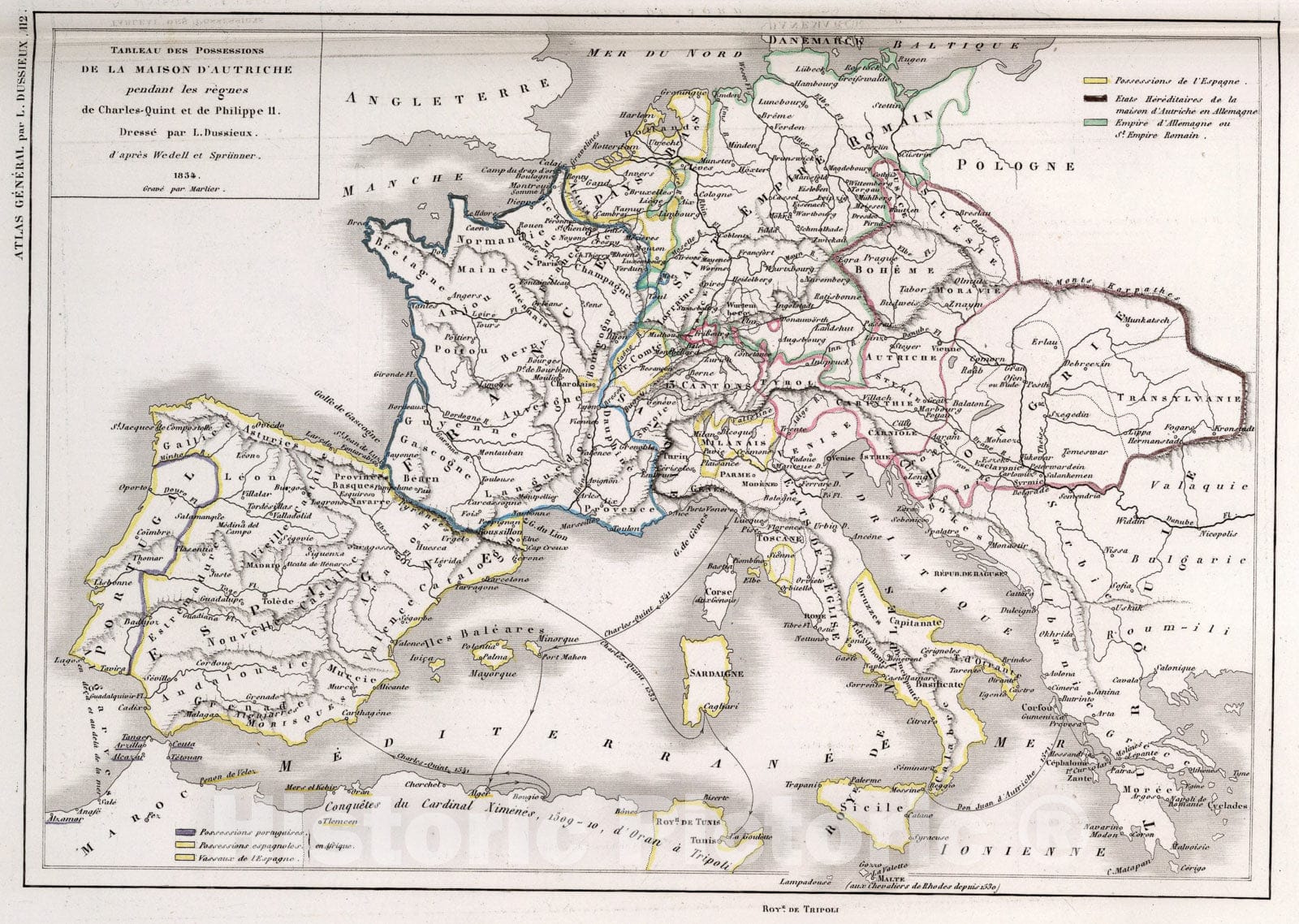 Historic Map : 112. Tableau de Possessions de la Maison d'Autriche pendant les reg'nes de Charles-Quintet de Philippe II., 1854, Vintage Wall Art
