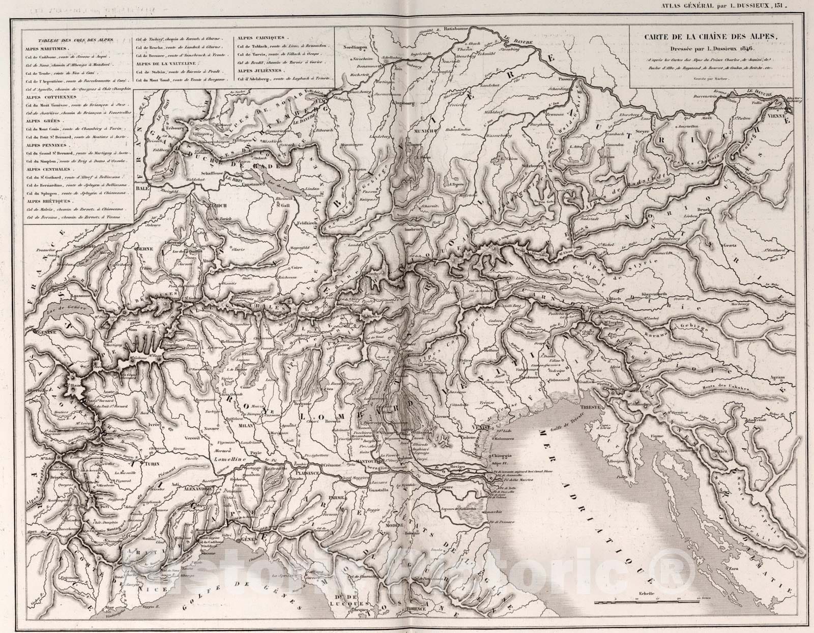 Historic Map : 131. Carte de la Chaine des Alpes., 1846, Vintage Wall Art