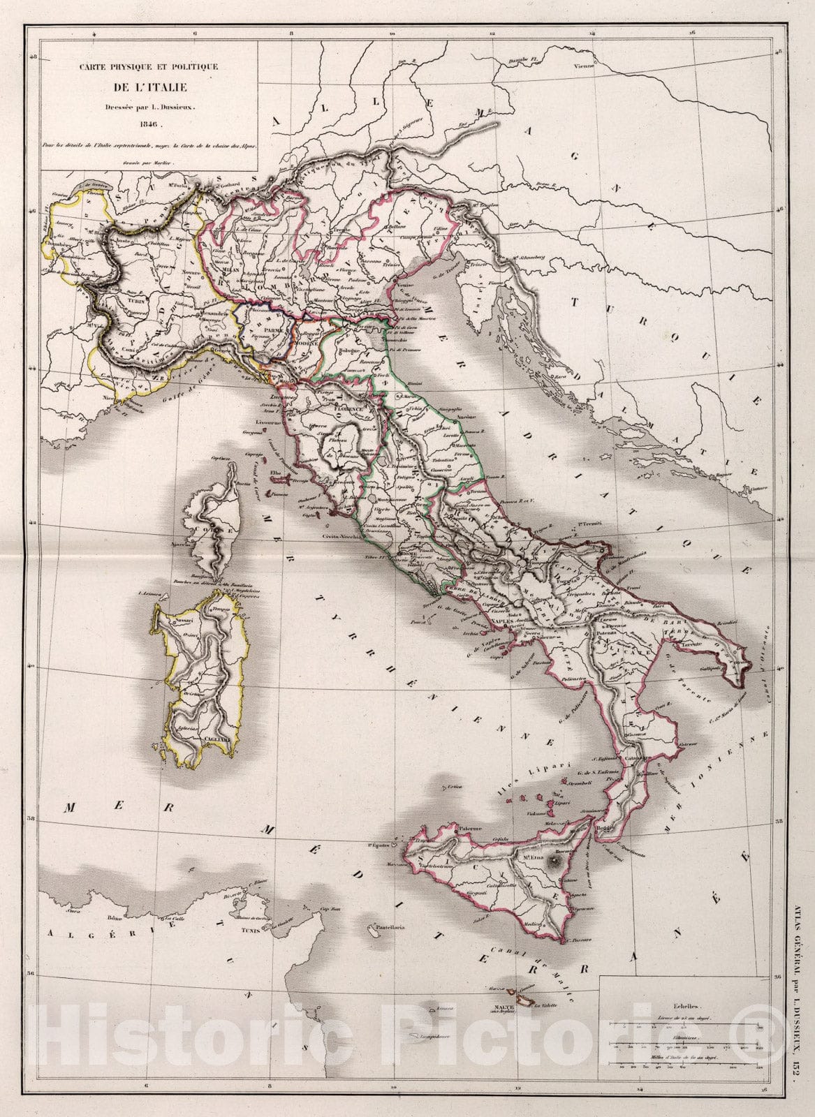Historic Map : 132. Carte Physique et Politique de l'Italie., 1846, Vintage Wall Art