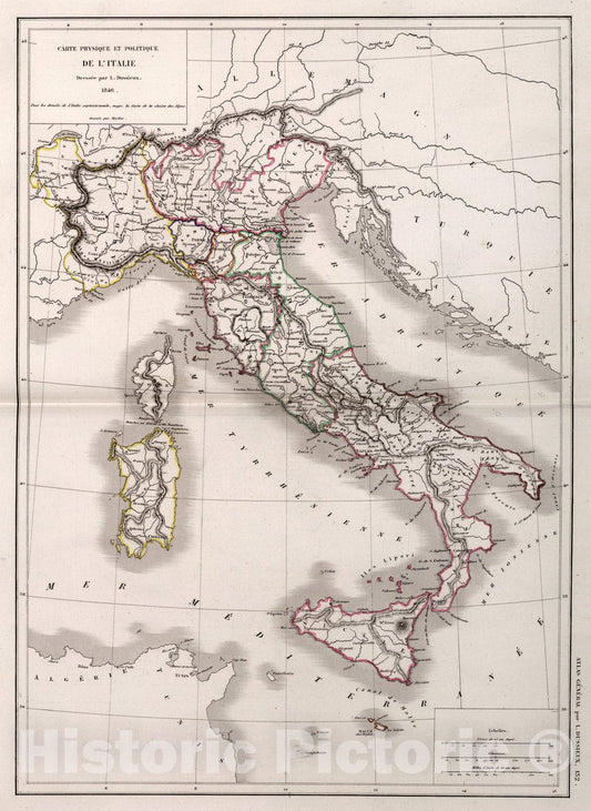 Historic Map : 132. Carte Physique et Politique de l'Italie., 1846, Vintage Wall Art