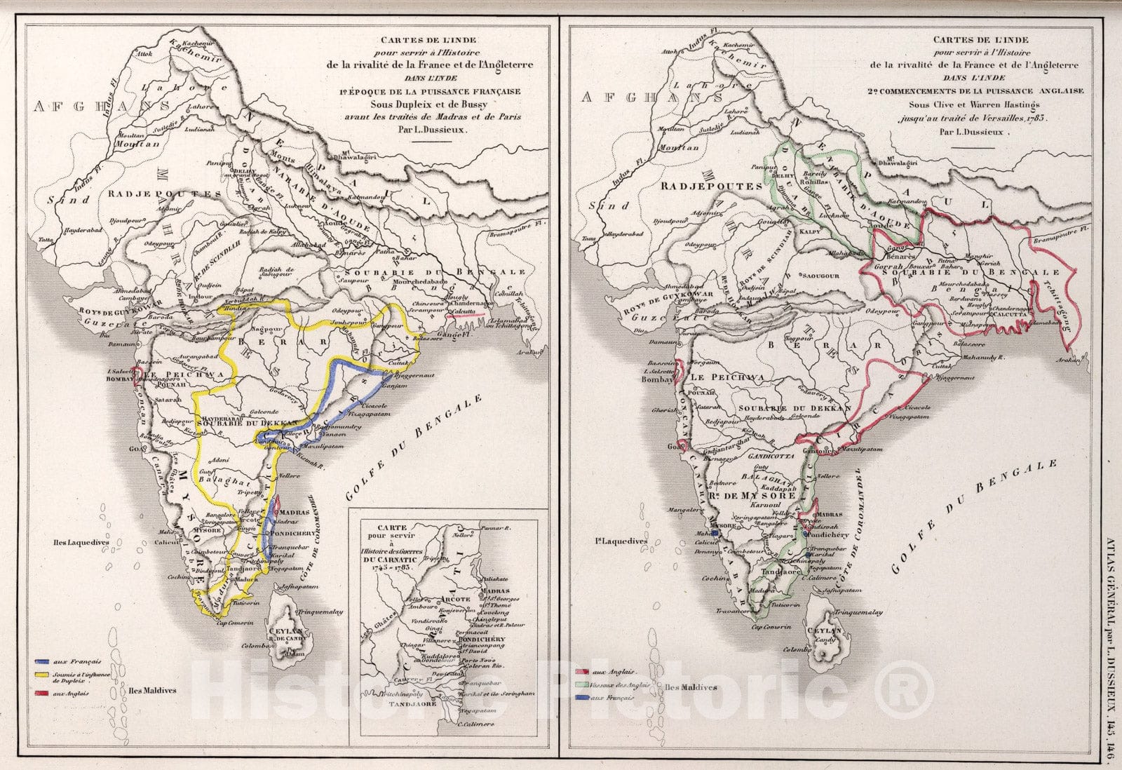 Historic Map : 145. Cartes de l'Inde pour servir a l'Histoire de la rivalite de la France et de l'Angleterre. 146. Cartes de l'Inde., 1856, Vintage Wall Art