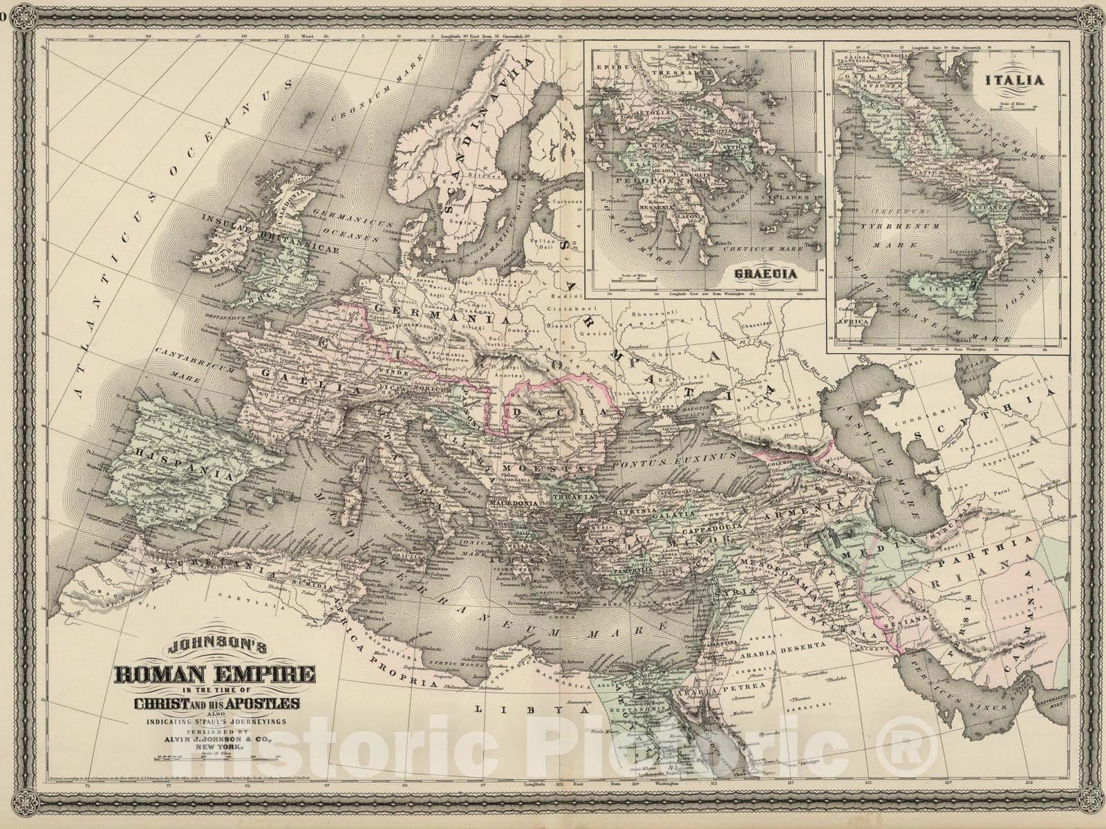 Historic Map : Roman Empire at the Time of Christ., 1886, Vintage Wall Art