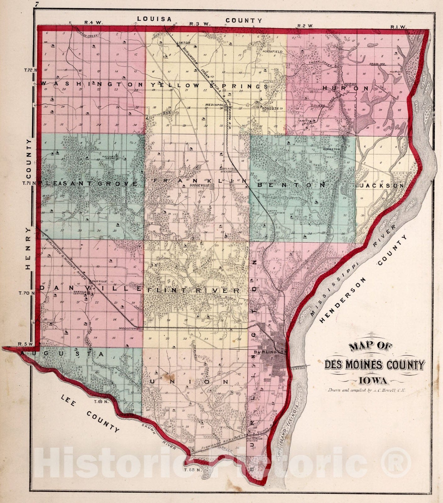 Historic Map : Des Moines County, Iowa., 1873, Vintage Wall Art