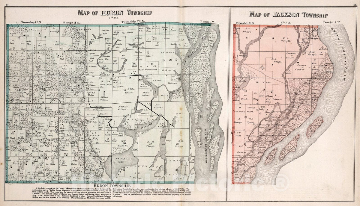 Historic Map : Huron Township. Jackson Township, Des Moines County, Iowa., 1873, Vintage Wall Art