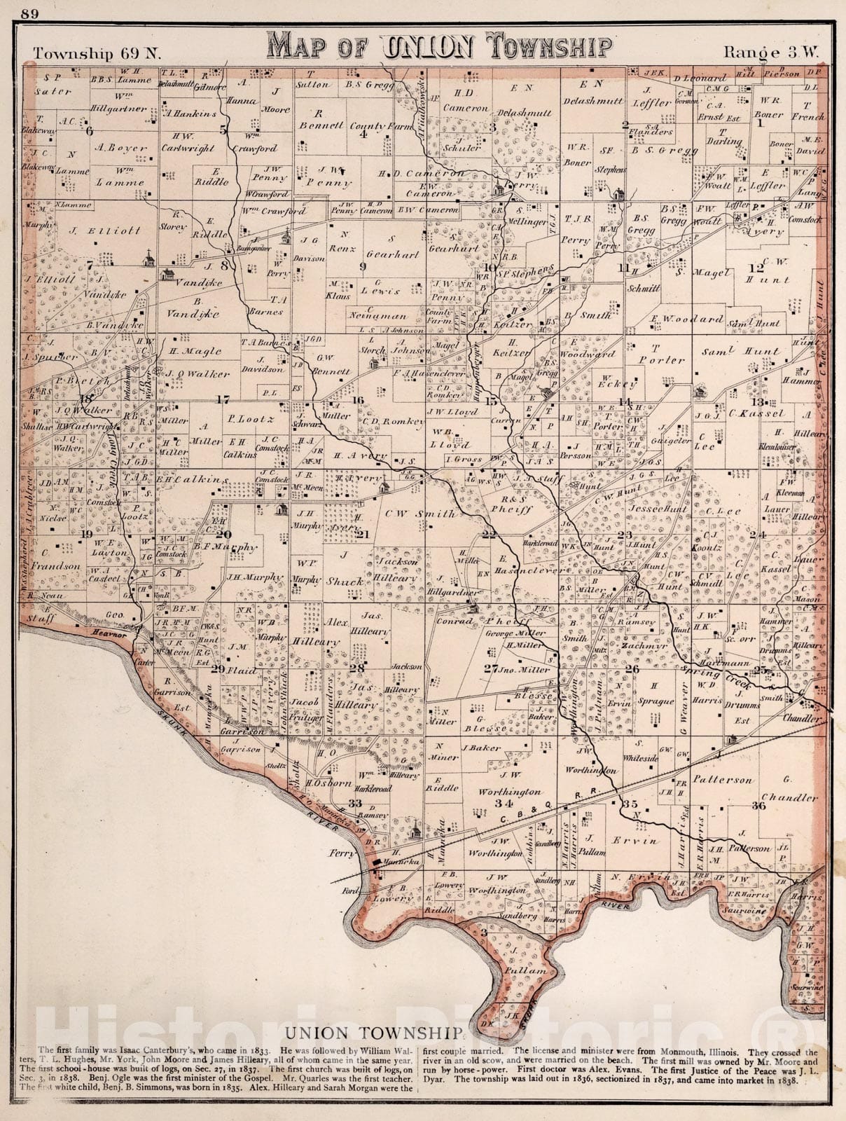 Historic Map : Union Township, Des Moines County, Iowa., 1873, Vintage Wall Art