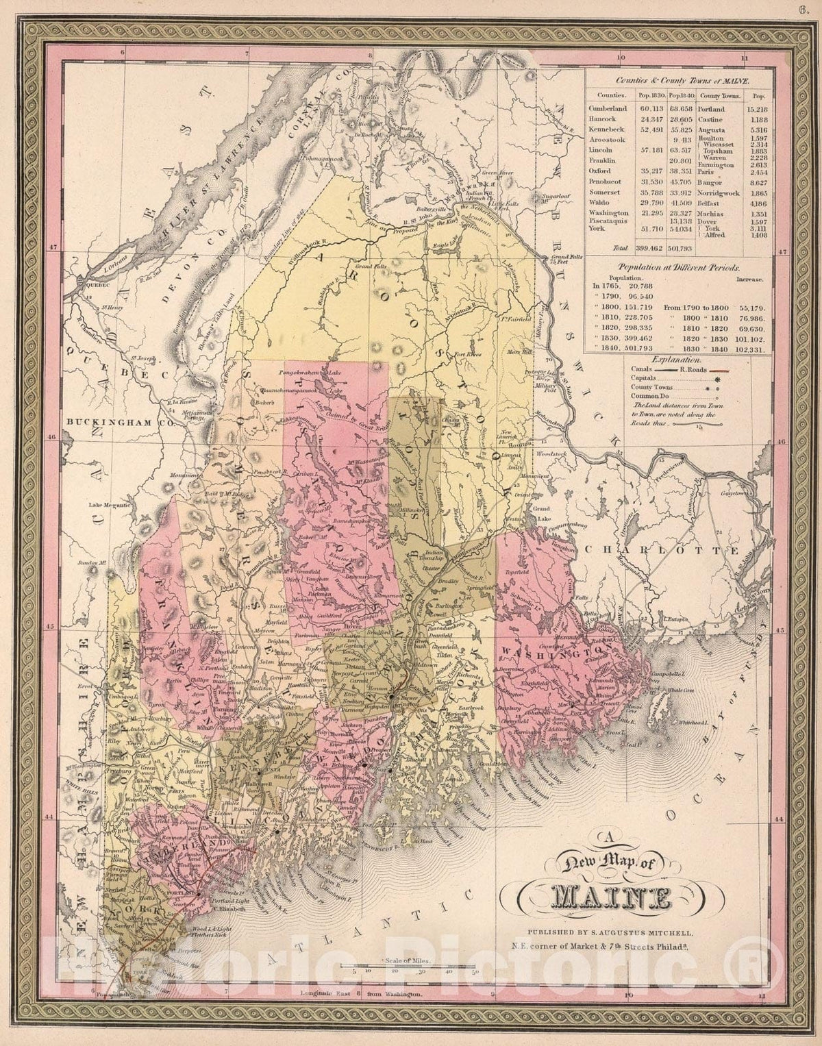 Historic Map : Maine., 1850, Vintage Wall Art