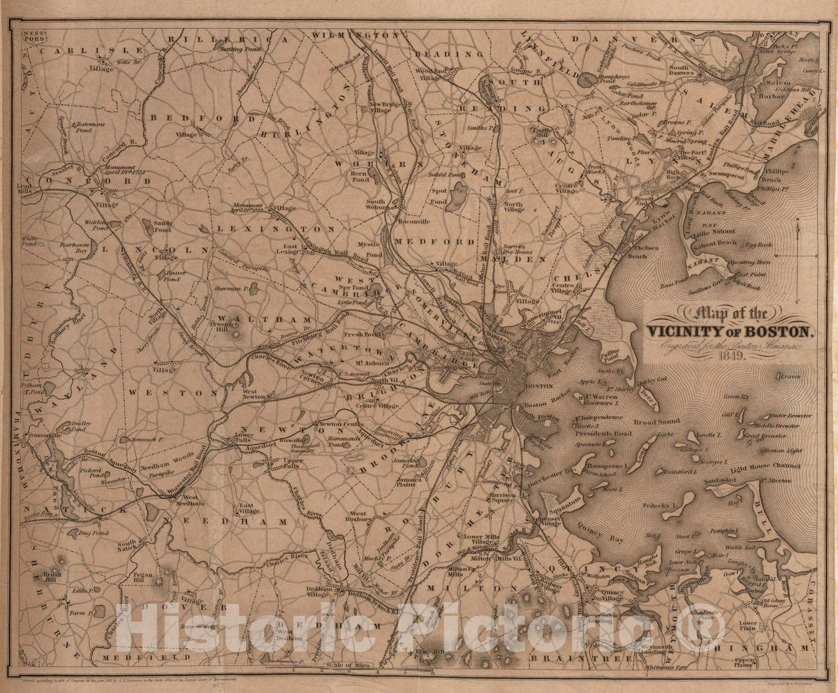 Historic Map : Vicinity of Boston., 1849, Vintage Wall Art