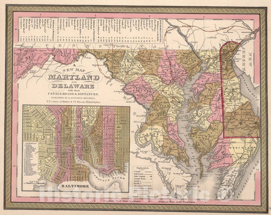 Historic Map : Maryland and Delaware., 1850, Vintage Wall Art