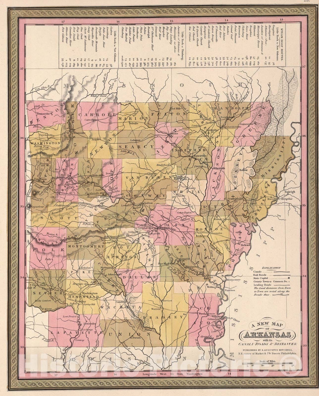 Historic Map : Arkansas., 1850, Vintage Wall Art