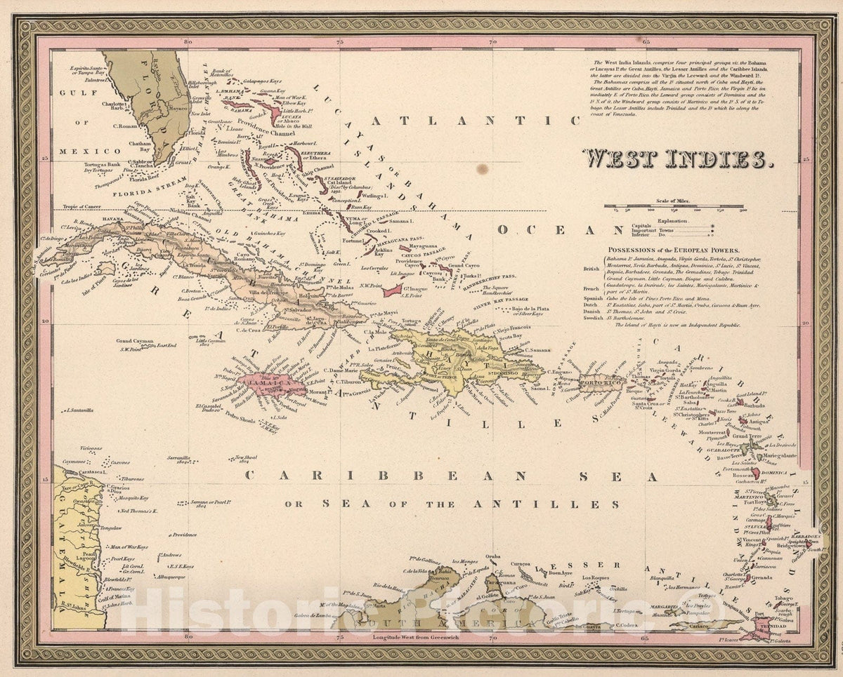 Historic Map : West Indies., 1850, Vintage Wall Art