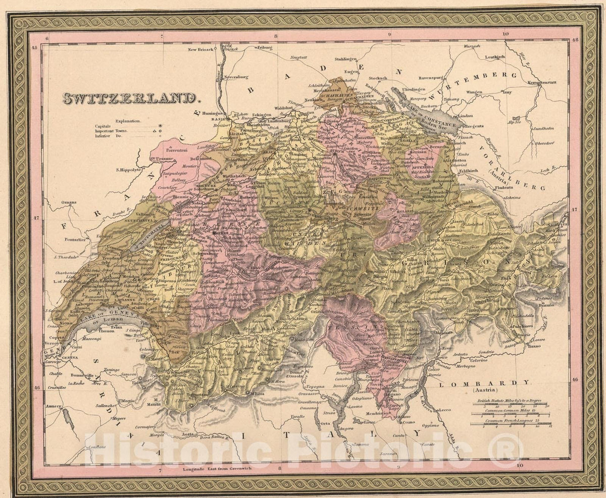 Historic Map : Switzerland., 1850, Vintage Wall Art