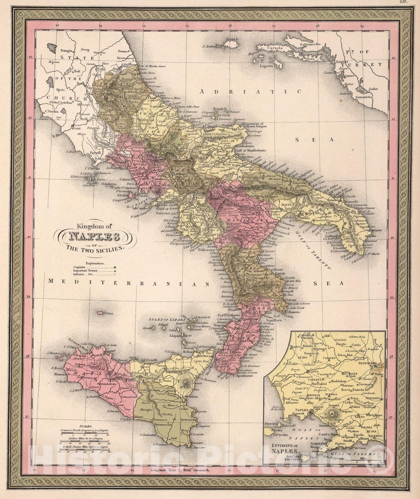 Historic Map : Kingdom of Naples or the Two Sicilies., 1850, Vintage Wall Art