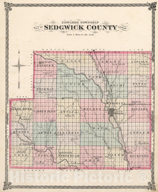 Historic Map : Sedgwick County, Kansas., 1882, Vintage Wall Art