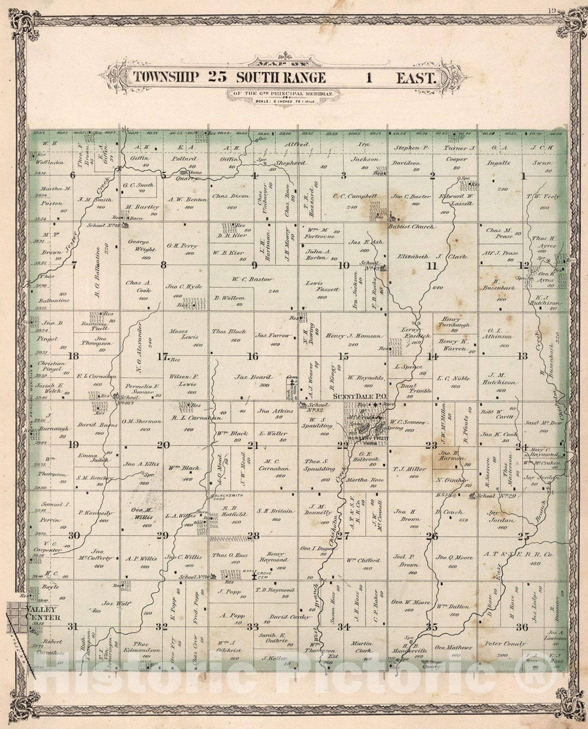 Historic Map : Township twenty-five South Range one East, Sedgwick County, Kansas., one882, Vintage Wall Art