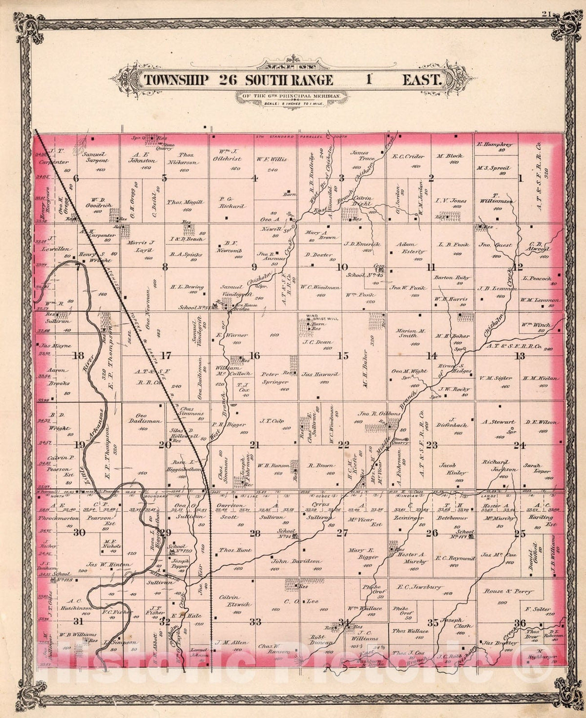 Historic Map : Township twenty-six South Range one East, Sedgwick County, Kansas., one882, Vintage Wall Art