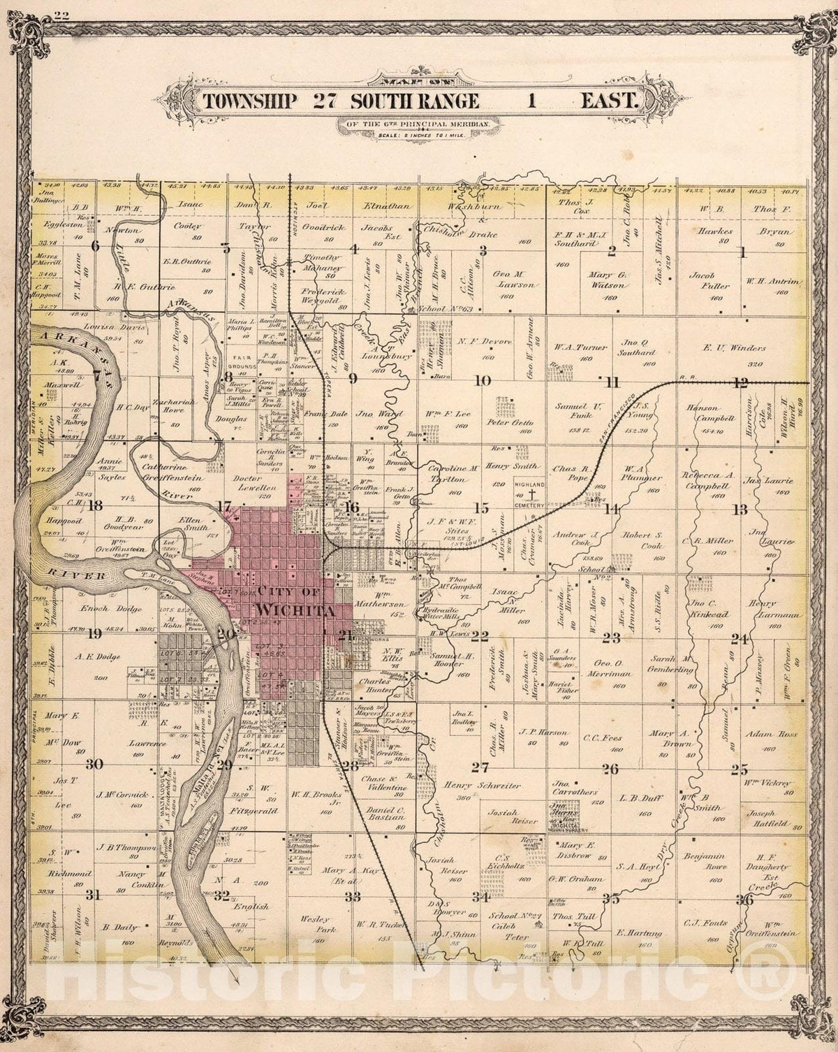 Historic Map : Township twenty-seven South Range one East, Sedgwick County, Kansas., one882, Vintage Wall Art