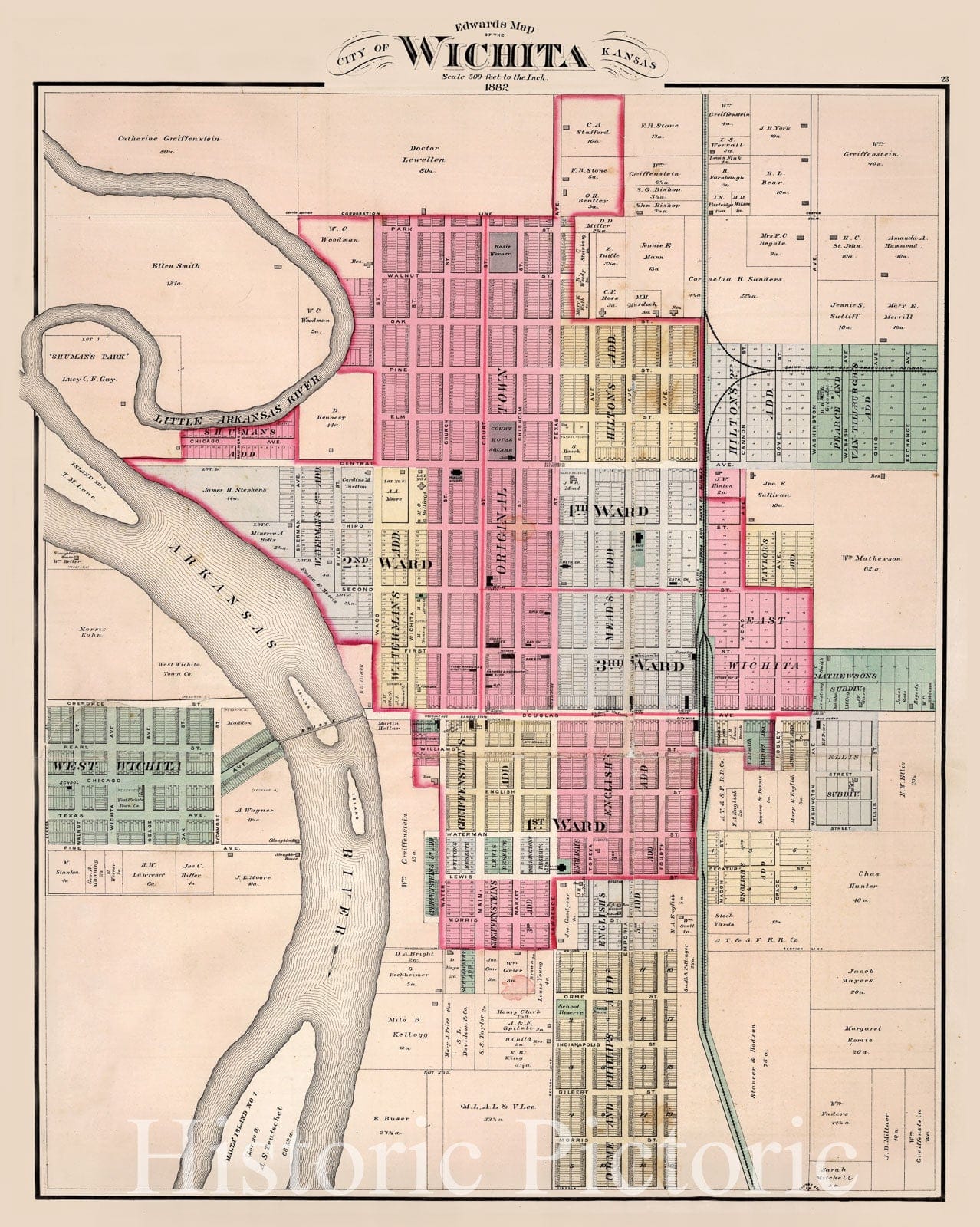 Historic Map : Edwards Map of the City of Wichita, Kansas. 1882., 1882, Vintage Wall Art