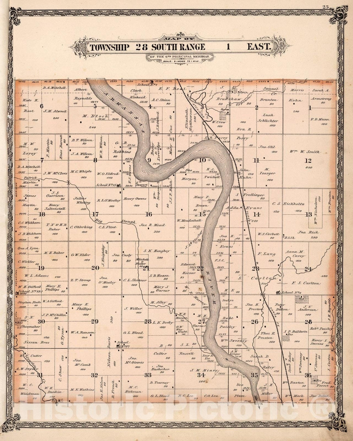 Historic Map : Township twenty-eight South Range one East, Sedgwick County, Kansas., one882, Vintage Wall Art