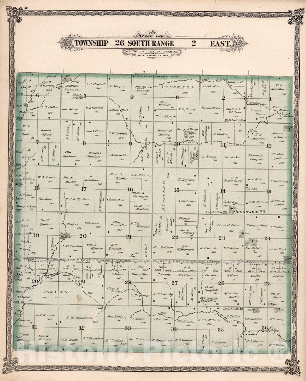 Historic Map : Township twenty-six South Range two East, Sedgwick County, Kansas., 188two, Vintage Wall Art