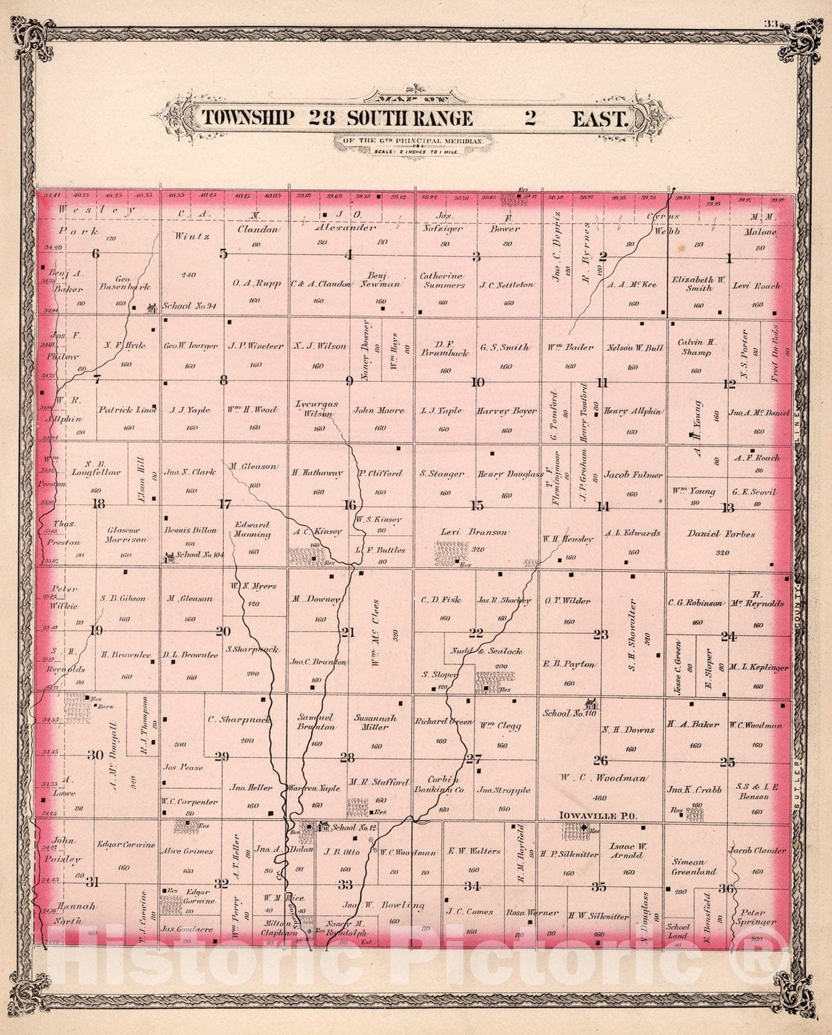 Historic Map : Township twenty-eight South Range two East, Sedgwick County, Kansas., 188two, Vintage Wall Art