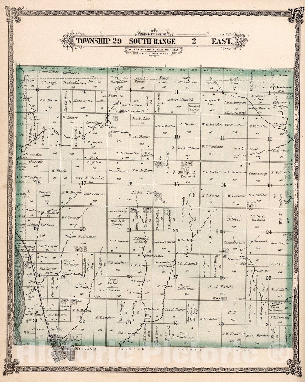 Historic Map : Township twenty-nine South Range two East, Sedgwick County, Kansas., 188two, Vintage Wall Art