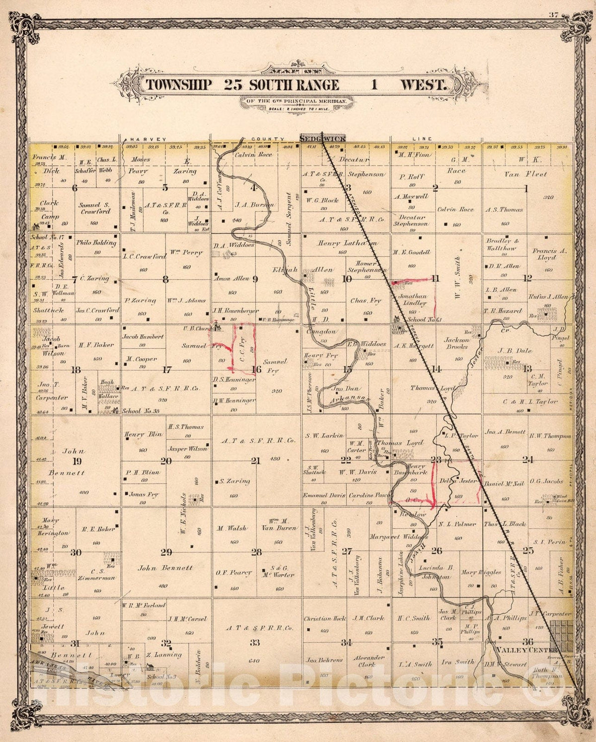 Historic Map : Township twenty-five South Range one West, Sedgwick County, Kansas., one882, Vintage Wall Art