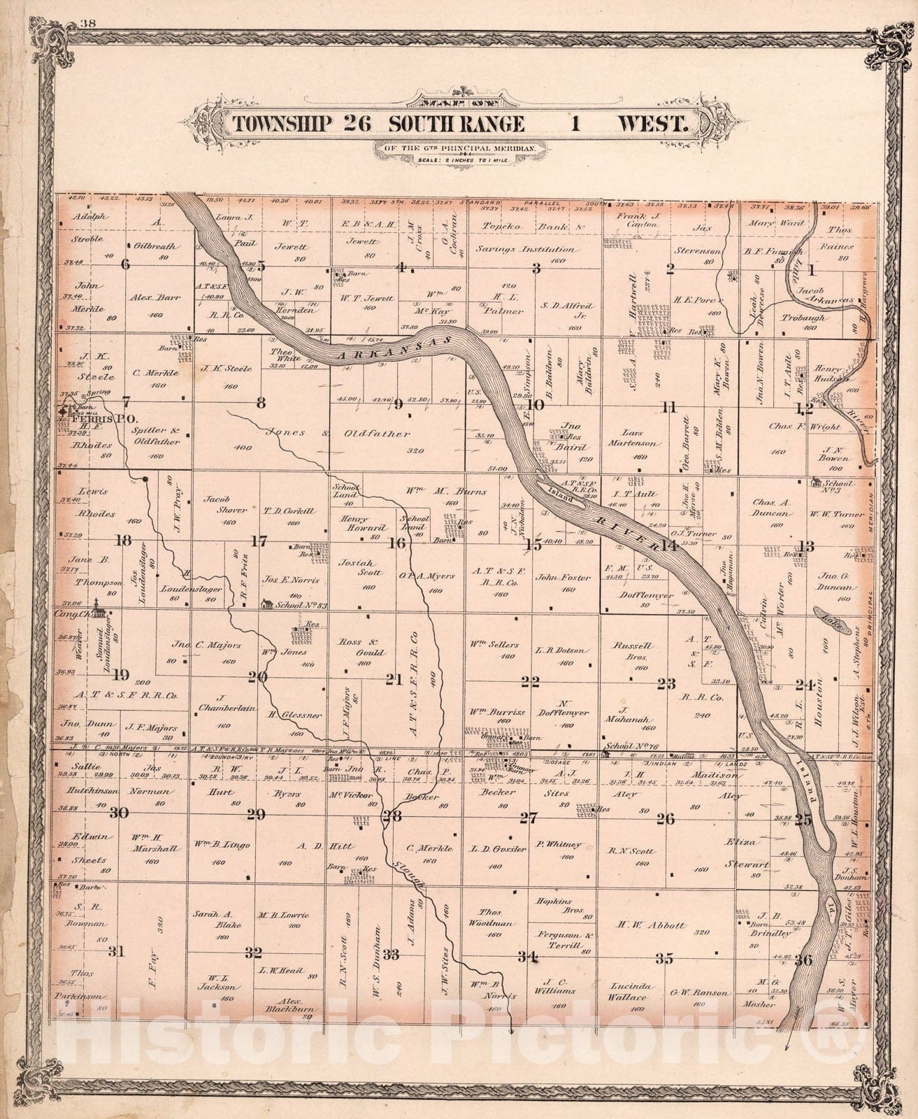 Historic Map : Township twenty-six South Range one West, Sedgwick County, Kansas., one882, Vintage Wall Art