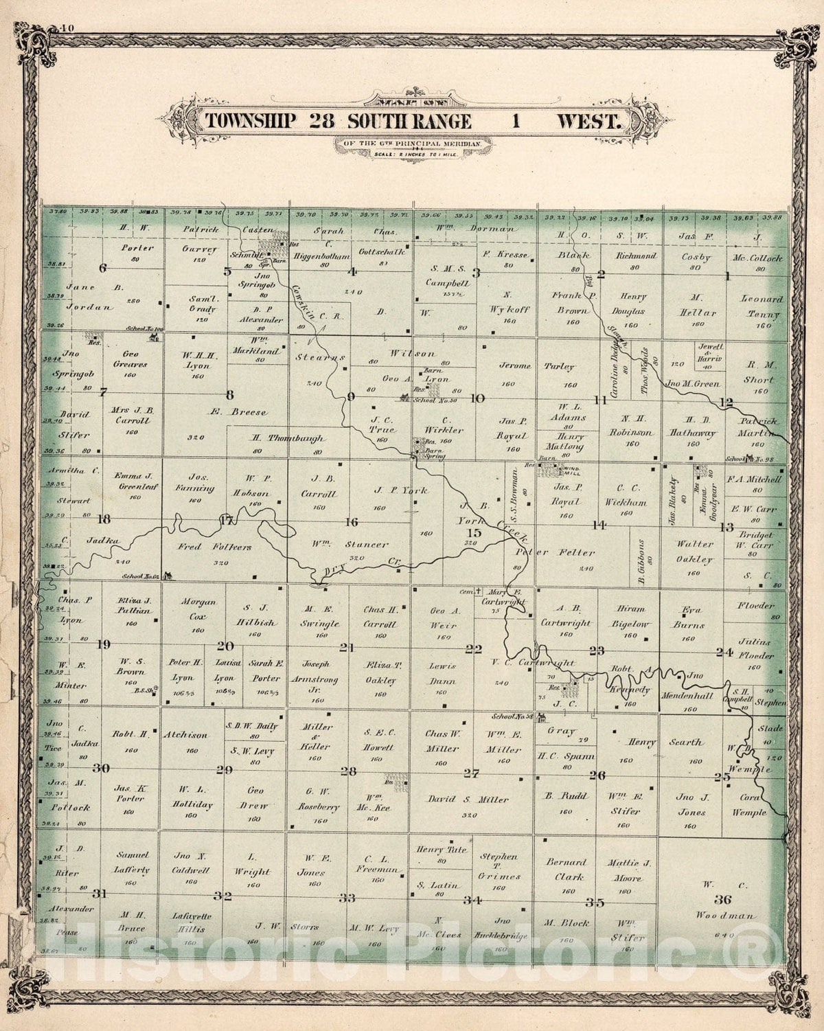 Historic Map : Township twenty-eight South Range one West, Sedgwick County, Kansas., one882, Vintage Wall Art