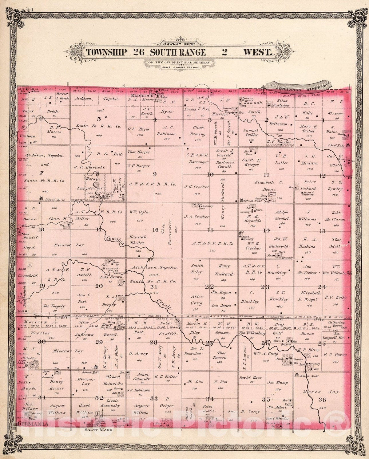 Historic Map : Township twenty-six South Range two West, Sedgwick County, Kansas., 188two, Vintage Wall Art