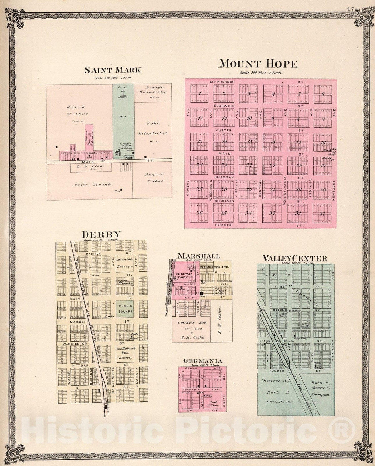 Historic Map : Saint Mark. Mount Hope. Derby. Marshall. Germania. Valley Center, Kansas., 1882, Vintage Wall Art
