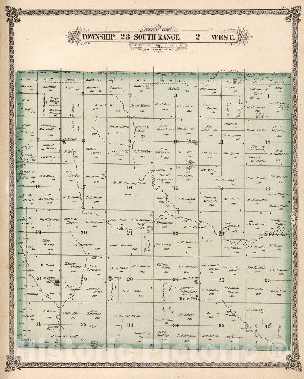 Historic Map : Township twenty-eight South Range two West, Sedgwick County, Kansas., 188two, Vintage Wall Art