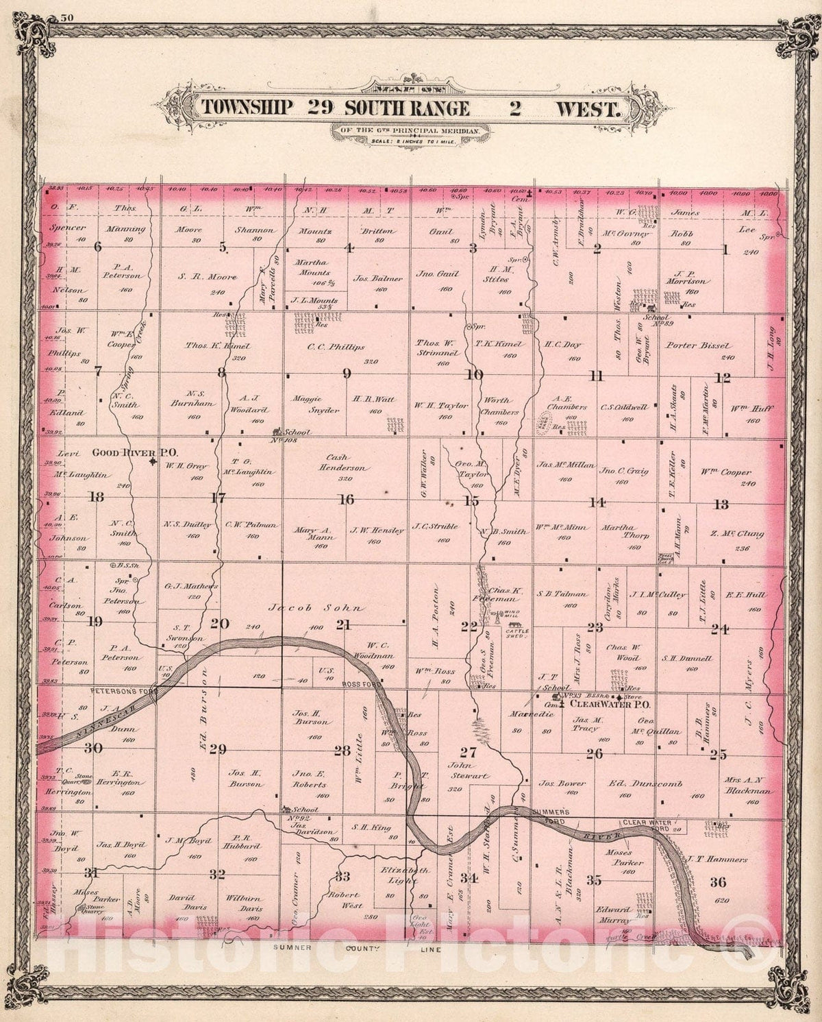 Historic Map : Township twenty-nine South Range two West, Sedgwick County, Kansas., 188two, Vintage Wall Art