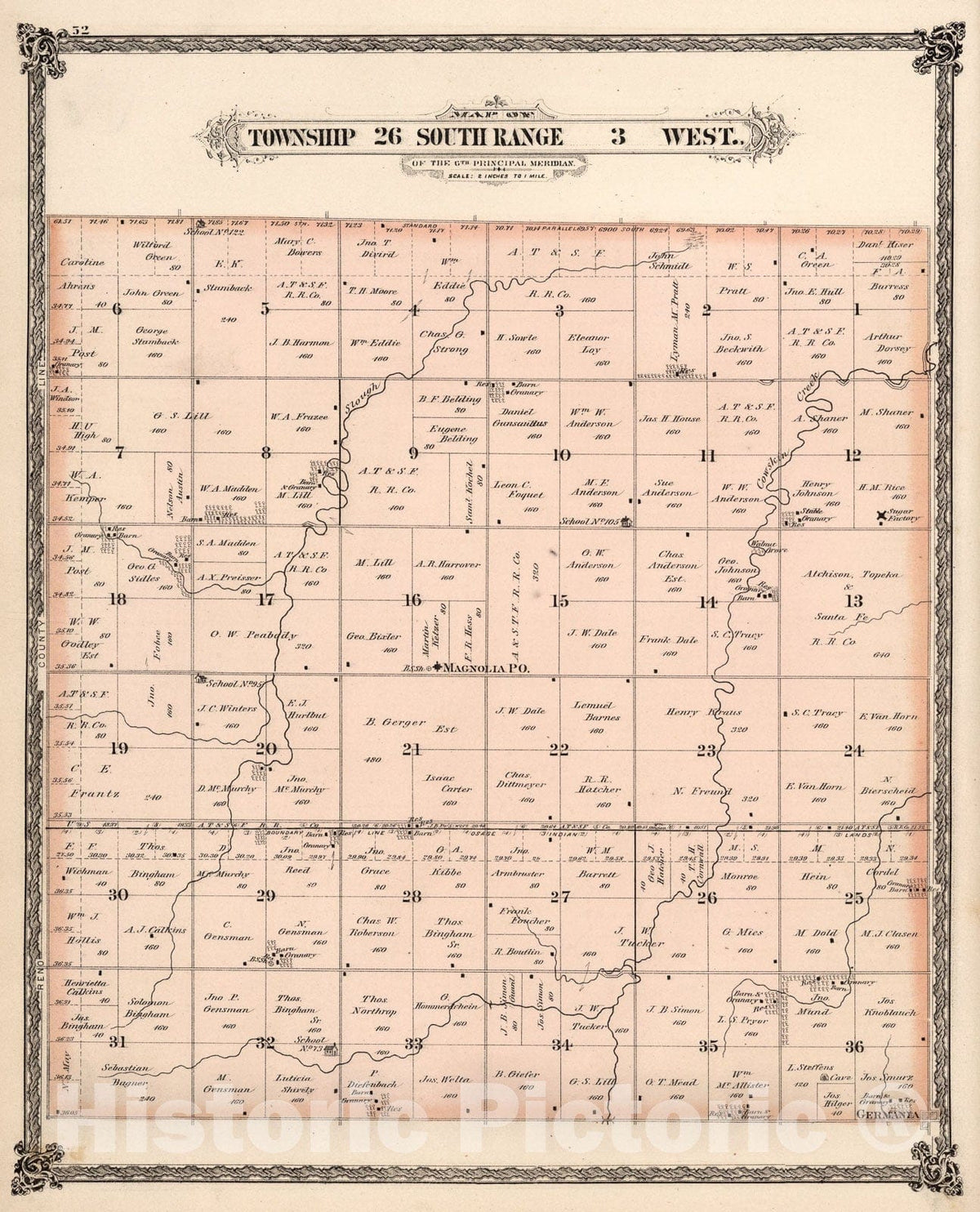 Historic Map : Township twenty-six South Range three West, Sedgwick County, Kansas., 1882, Vintage Wall Art