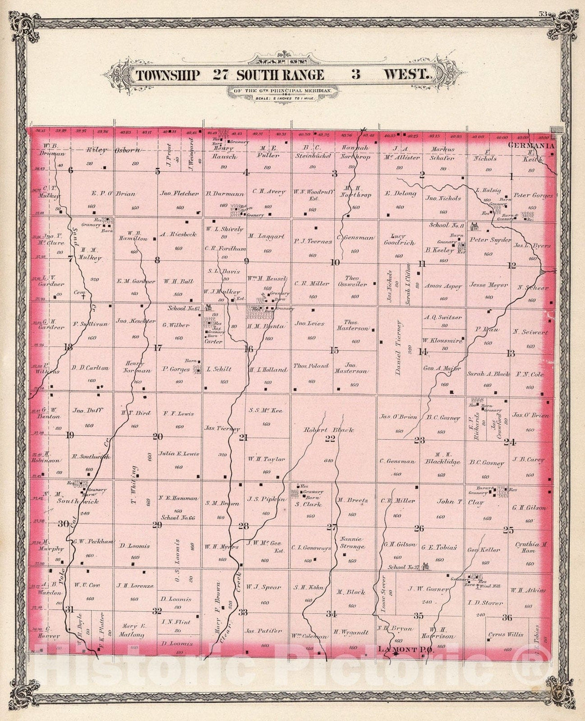 Historic Map : Township twenty-seven South Range three West, Sedgwick County, Kansas., 1882, Vintage Wall Art