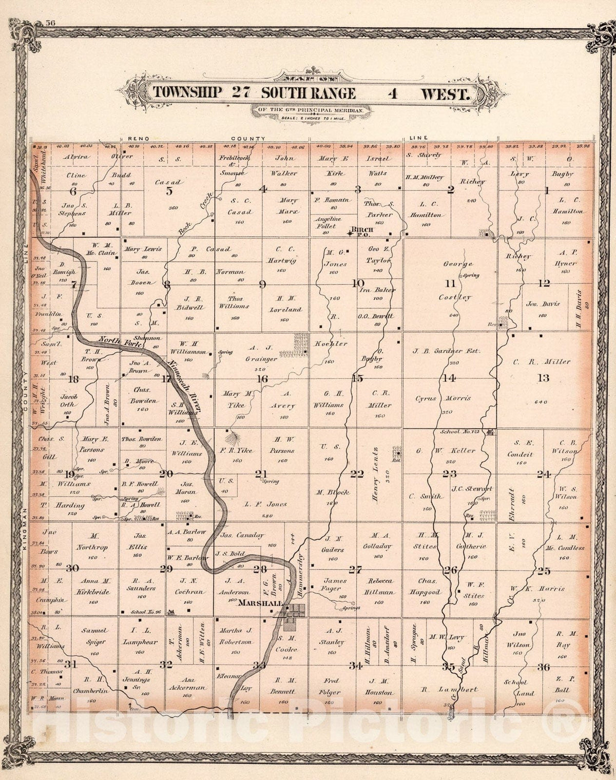 Historic Map : Township twenty-seven South Range four West, Sedgwick County, Kansas., 1882, Vintage Wall Art