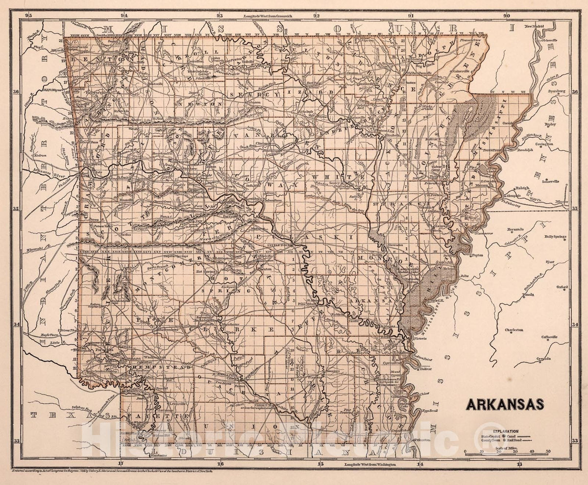 Historic Map : Arkansas, 1845, Vintage Wall Art