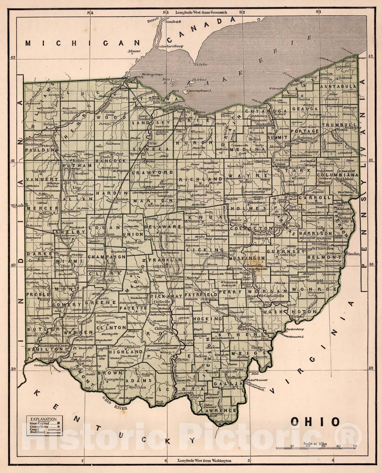 Historic Map : Ohio, 1845, Vintage Wall Art