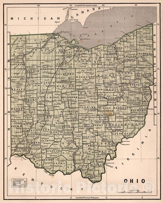 Historic Map : Ohio, 1845, Vintage Wall Art