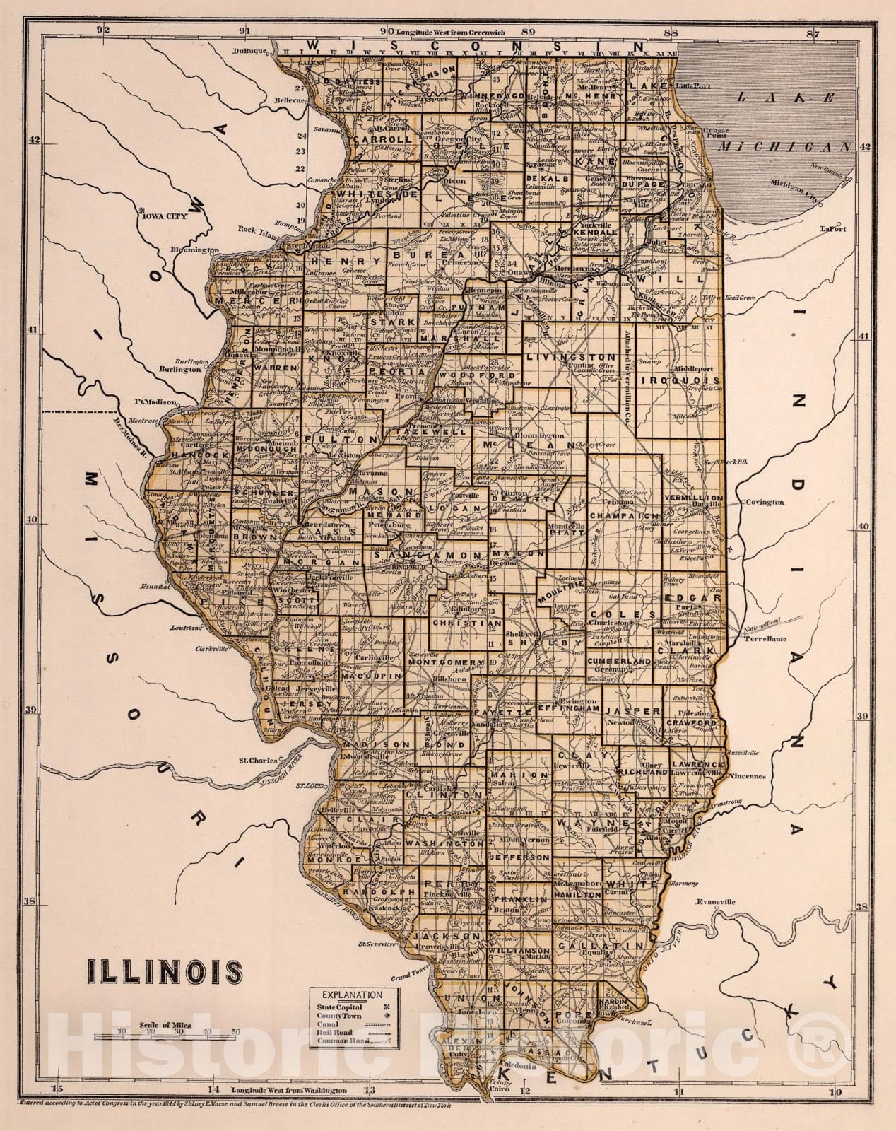Historic Map : Illinois, 1845, Vintage Wall Art