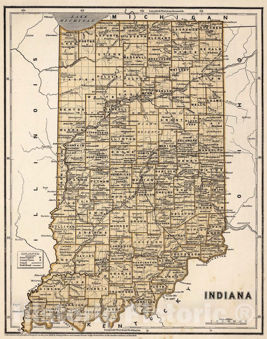 Historic Map : Indiana, 1845, Vintage Wall Art