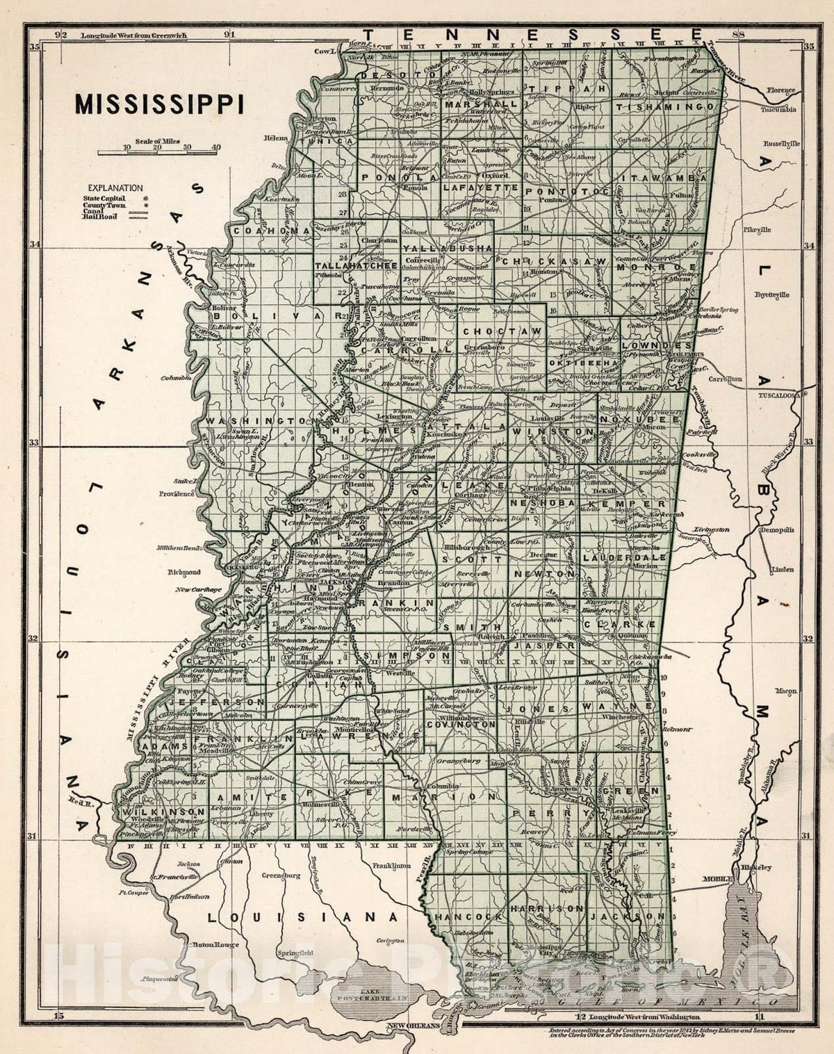 Historic Map : Mississippi, 1845, Vintage Wall Art