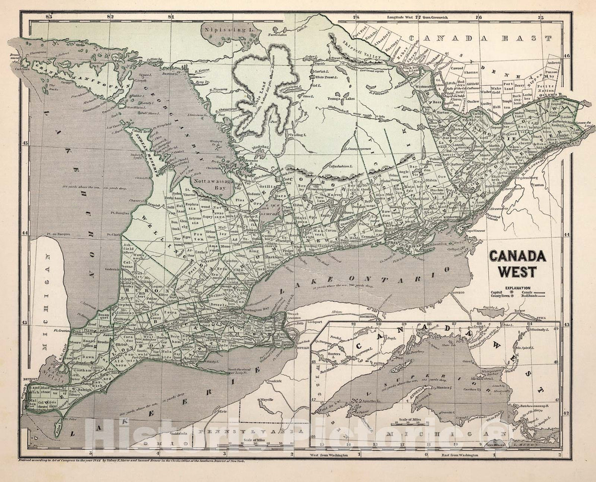 Historic Map : Canada West, 1845, Vintage Wall Art