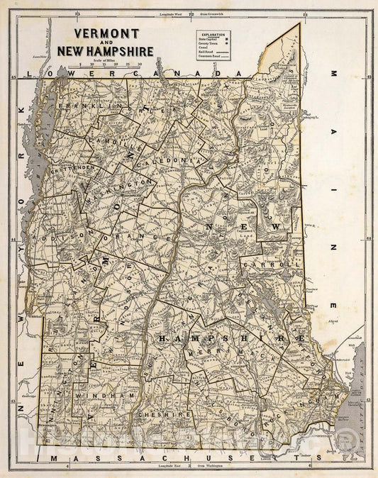 Historic Map : Vermont and New Hampshire, 1845, Vintage Wall Art